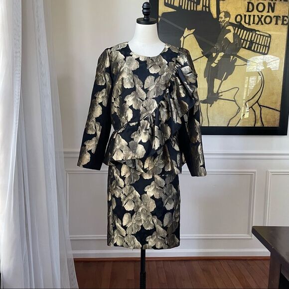 Ashro Larhonda Wardrober 3 Pc Peplum Jacket Skirt Pants Gold Black 12 - Picture 15 of 15